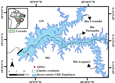 Figura  1.  Localização  do  reservatório  da  UHE  Itumbiara  na  divisa  entre os estados de Minas Gerais e Goiás, região central do Brasil