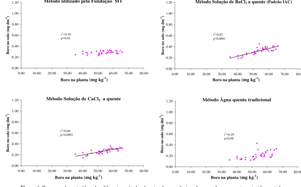 Figura 6. Boro no solo, extraído pelos diferentes métodos de extração, correlacionado com o boro presente no tecido vegetal, ano  agrícola 99/00