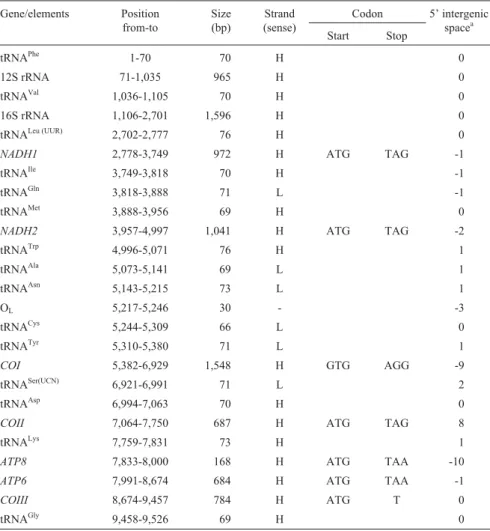 Table 2 - Organization of the Cyclemys atripons mitochondrial genome (16,500 bp) * . Gene/elements Position from-to Size(bp) Strand (sense) Codon 5’ intergenicspacea Start Stop tRNA Phe 1-70 70 H 0 12S rRNA 71-1,035 965 H 0 tRNA Val 1,036-1,105 70 H 0 16S 