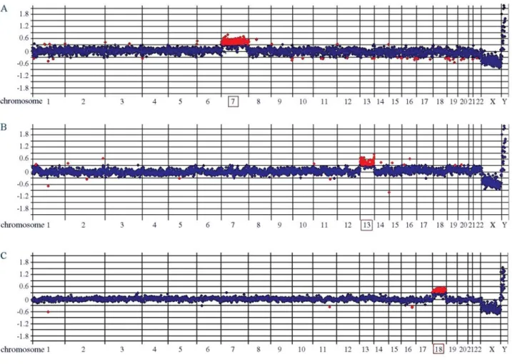Figure 1 - Whole-genome array-CGH profiles of abortion samples which revealed whole chromosome copy-number changes