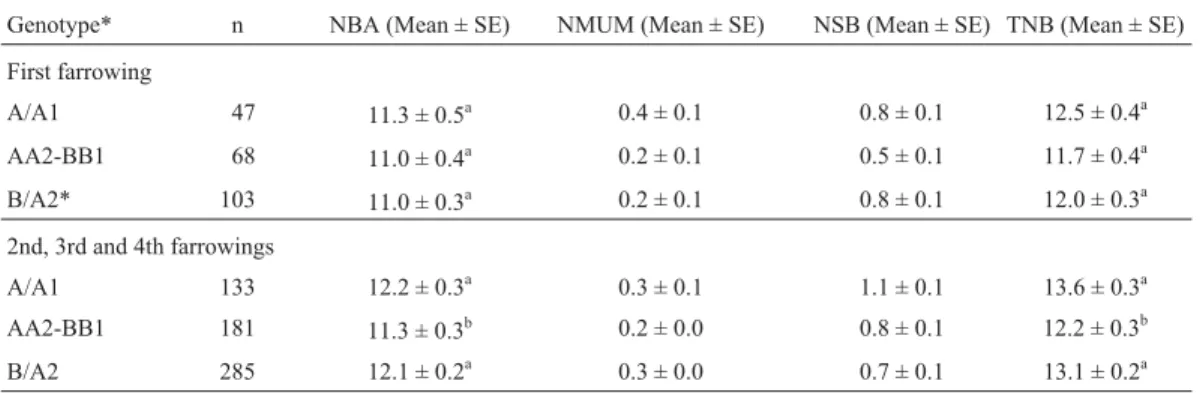 Table 4 - Association of combinations of estrogen receptor (ER-PvuII) and retinol-binding protein 4 (RBP4-MspI) genotypes with mean number of pig- pig-lets born alive (NBA), number of mummies (NMUM), number of stillborn pigpig-lets (NSB), and total number 