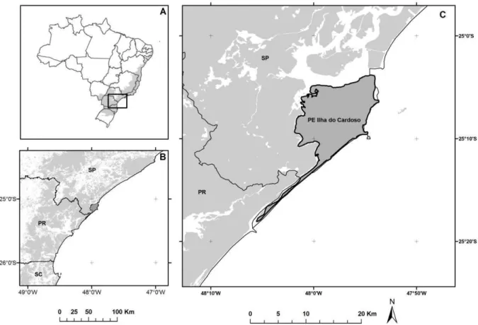 Figura 2: A) Mapa do Brasil com enfoque na região sudeste/sul onde se localiza o PEIC