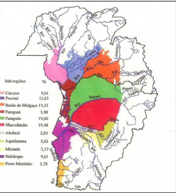 Figura 1: Mapa do Pantanal Mato4Grossense com os principais rios formadores e as 11 sub4regiões (Fonte: Silva &amp; Abdon, 1998).