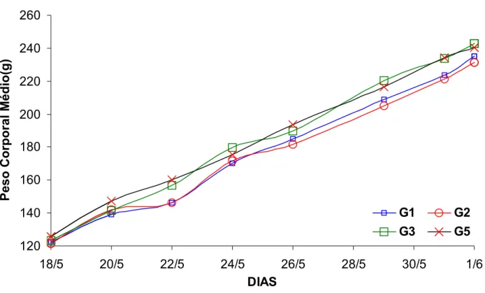 Figura 10. Peso corporal médio de ratos submetidos a diferentes doses de linamarina  durante o período experimental (18/05 a 01/06/2000)