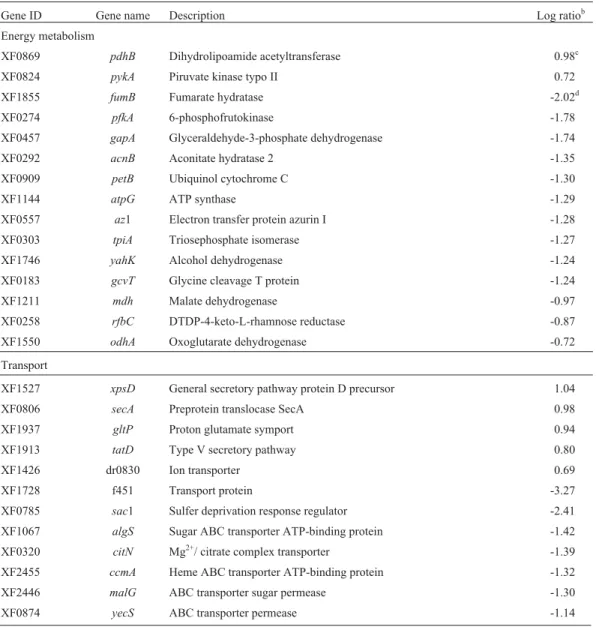 Table 3 - Xylella fastidiosa genes induced in BCYE and XDM 2 media (q-value a (%) = 0.27 for all genes).