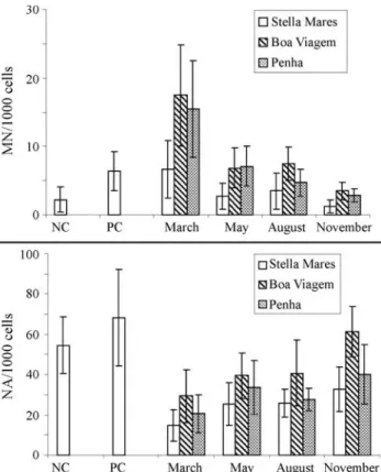 Figure 1 - Precipitation during four months of 2005 and mean frequency of micronucleated erythrocytes and nuclear abnormalities in B