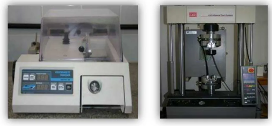 Figura  1  -  Máquina  de  corte  Isomet  1000  e  Máquina  de  ensaios  universais  MTS 810 Material Test System