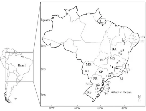 Figure 1 - Map of Brazil indicating the origin of samples of the three Passiflora species whose preliminary phylogeographical patterns were evaluated.