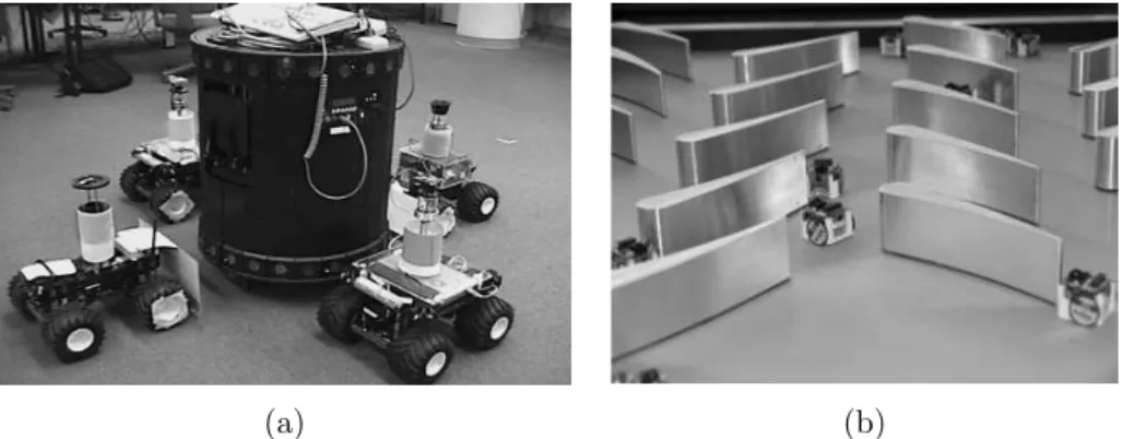 Figure 1.1: Experiments with real robots. (a) Four robots caging a circular robot [Pereira, 2003]