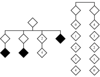 Figure 3 - Hypothetical pedigree containing a grouped tree of normal indi- indi-viduals with incomplete information (at left) and the possible  configura-tions obtained from the grouped tree (at right).