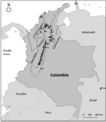 Figure 1 - Sampling sites in the Magdalena River basin and its tributar- tributar-ies-Colombia