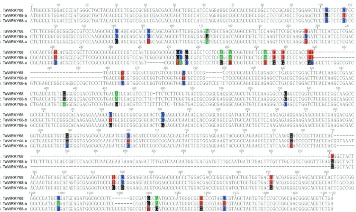 Figure 2 - Coding sequence alignment of TaWRKY68 genes. Polymorphic sites are colored and gap sequences are hyphened in the diagram.