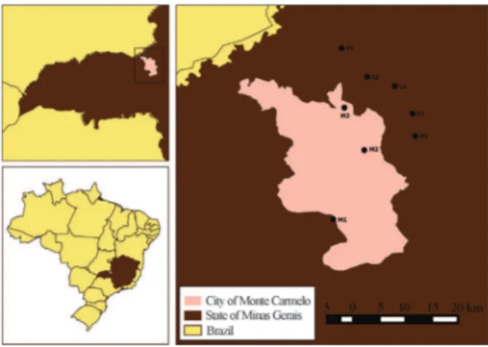 Figure 1 - Water collection sites located in the town of Monte Carmelo, Minas Gerais, Brazil