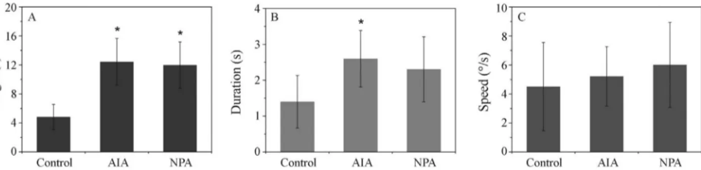 Figure 2 - Effect of the IAA and NPA treatments on the movement dynamics of the P. sanguinolenta androgynophore