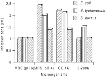 Figure 1. Antimicrobial activity of microorganisms: Strains CCI1A and 3-2006 and controls (MRS pH 6 and 4), by a ditch assay using the test organisms (Escherichia coli, Salmonella typhimurium and Staphylococcus aureus) incubated at 37°C for 18 h.