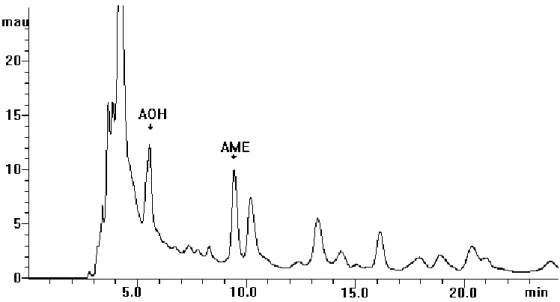 Figure 2. Chromatogram of an uncontaminated tomato paste sample spiked with AME and AOH