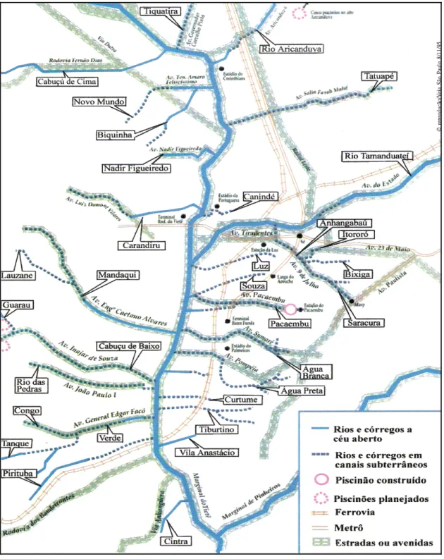 Fig 6. Rede fluvial de São Paulo, canalizações e canais cobertos (Adorno, 1999). 