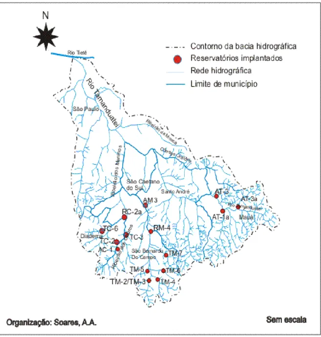 Fig 7. Distribuição dos reservatórios na bacia do rio Tamanduateí. 