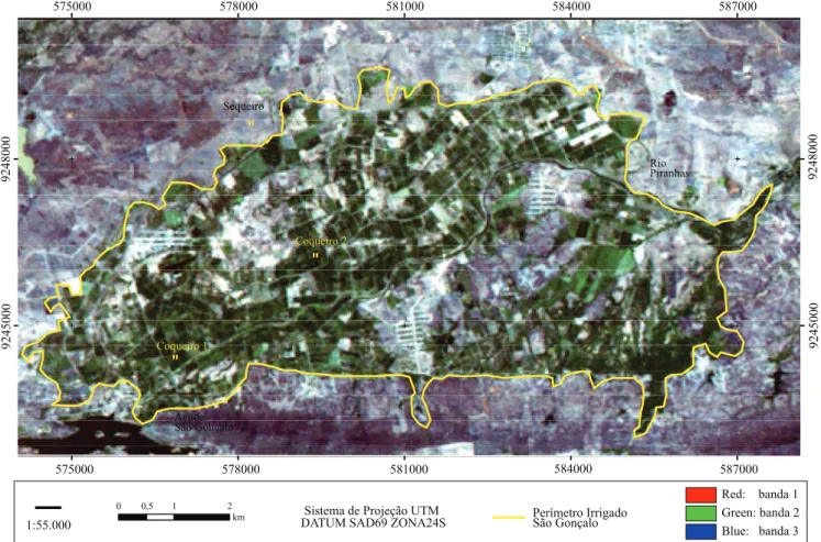 Figura 1. Recorte da área de estudo com destaque para áreas de coqueiro-anão selecionadas para validação, área de sequeiro,  perímetro irrigado de São Gonçalo, Rio Piranhas e açude de São Gonçalo, em combinação RGB123 de imagem TM/ Landsat  5, de 1/11/2008