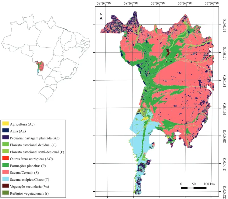 Figura 1. Localização do bioma Pantanal, com apresentação de classes de uso e cobertura da terra, provenientes do Programa  de Conservação e Utilização Sustentável da Diversidade Biológica Brasileira (Probio)