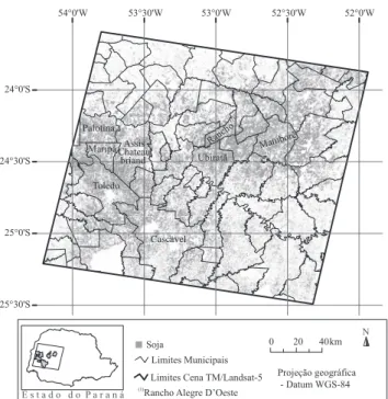 Figura 1. Máscara de soja gerada a partir da classificação de  imagens TM/Landsat‑5, para oito municípios do Estado do  Paraná, com dados referentes à safra de 2003/2004.