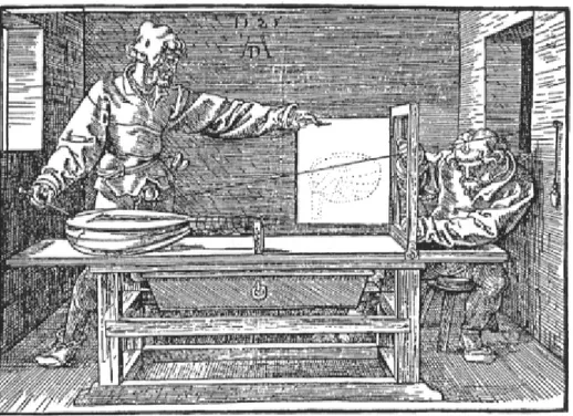 figura 12 . Gravura de Dürer e o pórticon; aparato para se registrar ponto a ponto o objeto a ser  representado