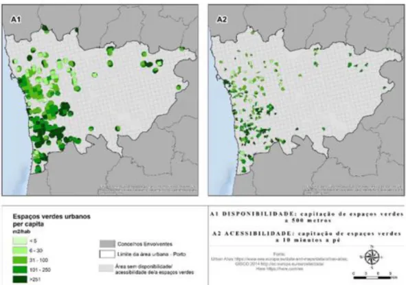 Figura 4 - Mapas da Disponibilidade e Acessibilidade a Espaços Verdes Urbanos na área urbana do Porto