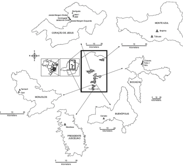 Fig. 1: map of Minas Gerais, Brazil, showing the study collection areas for Triatoma sordida populations.