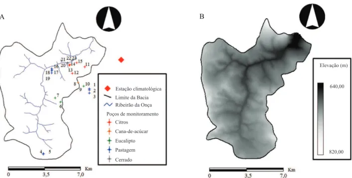 Figura 1. Distribuição dos poços e instrumentos de monitoramento (A), e modelo digital de terreno da área de estudo (B).