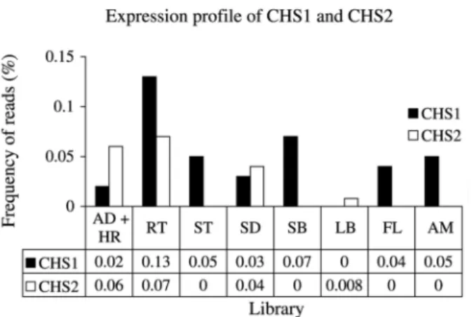 Figure 2 - Occurrence and frequency of chalcone synthase 1 (CHS1) and 2 (CHS2) in different sugarcane tissues