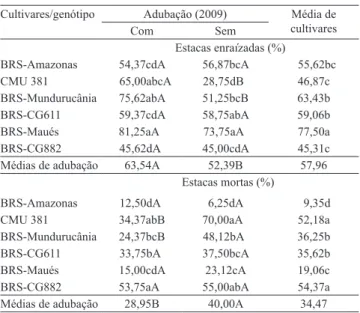 Tabela  3.  Percentagem  de  estacas  enraizadas  e  mortas  de  cinco cultivares e um genótipo (CMU 381) de guaranazeiro,  com ou sem adubação (1) 