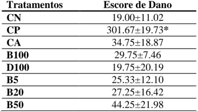 Tabela  4.  Resultados  obtidos  pelo  ensaio  do  cometa  em  células  HepG2  expostas  as  amostras brutas de água provenientes das simulações de vazamento realizadas