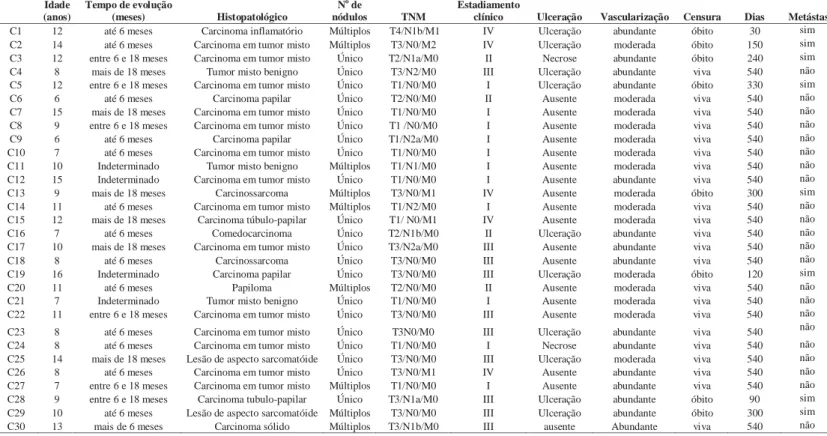 Tabela 5: Características clínicas e patológicas das cadelas teste   Idade  (anos)  Tempo de evolução  (meses) Histopatológico No  de  nódulos TNM  Estadiamento 