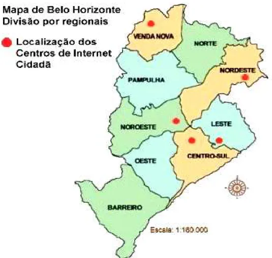 FIG. 1 – Mapa de Belo Horizonte – Divisão por regionais – Localização do Internet Cidadã  Fonte: Disponível em: &lt; http://portal2.pbh.gov.br/pbh/index.html?principal=S                                                   