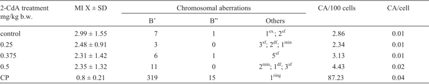 Table 3 - MI and CA frequency observed in Balb/c mice bone marrow cells, intraperitoneally treated with 2-chlorodeoxyadenosine (2-CdA) and their respective negative (water) and positive (cyclophosphamide-CP) controls