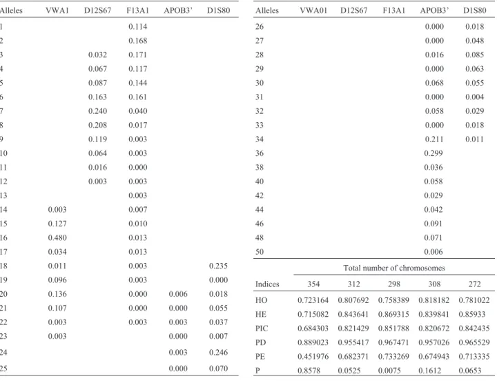 Table 1 - Allele frequencies and variability measures at the five loci analyzed in the São Luís population.