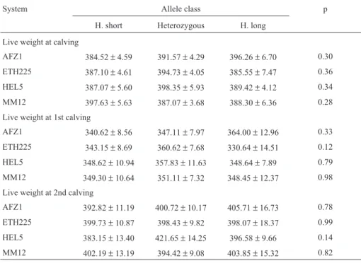 Table 4 - Results of association analyses between live weight at calving, live weight at first calving and live weight at second calving and the microsatellite genotype classes.