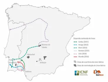 Figura 5 - Mapa ilustrativo das dispersões de Linces ibéricos pela península Ibérica. Fonte: Iberlince, 2018