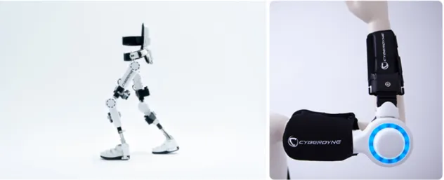 Figura 2.5: Variantes disponíveis do HAL (Hybrid Assistive Limb) (Cyberdyne, 2014). À esquerda: Auxílio ao caminhar