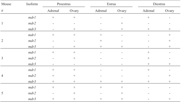 Table 2 - Average Jaccard Similarity Coefficient for the mdr isoforms in the adrenal gland and ovary in proestrus, estrus and diestrus.