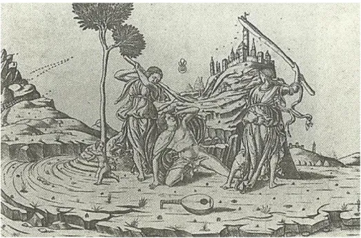 Fig. 6. A morte de Orfeu, século XV. Gravura da Itália setentrional anônima,   Fonte: WARBURG, 2013, p.437