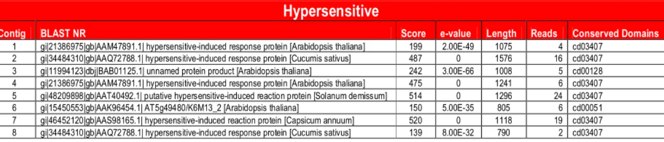 Table  S3: EST-Contigs  with  e-value  < e -20   and  score > 100  obtained  in  the  Project  Hypersensitive,  and  their  blast  hit,  score,  e-value,  size,  number  of  reads,  and  conserved  domains  from  putative  proteins .