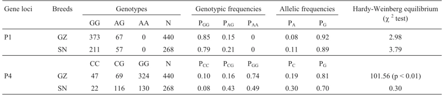 Table 2 - Allelic and genotypic frequencies of P4 and P1 in Chinese dairy goats.