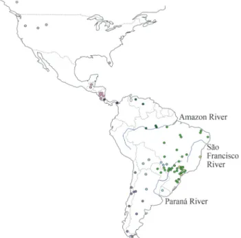 Figure 1 - Geographic distribution of the Puma concolor samples ana- ana-lyzed here. Blue lines indicate three major rivers