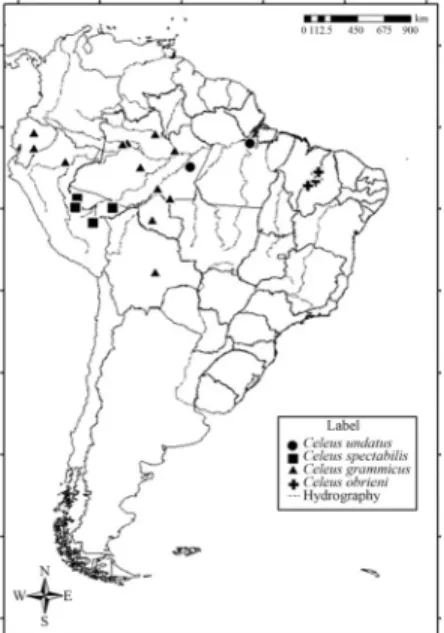 Figure 1 - Map showing the localities where Celeus specimens analyzed in the present study were collected.