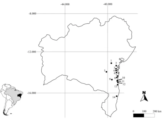 Figure 1 - Geographical location of sampling sites. 1 – Amargosa, 2 – Valença, 3 – Nilo Peçanha, 4 – Reserva Ecológica da Michelin - Igrapiúna, 5 – Jequié, 6 – Camamu, 7 – RPPN Capitão - Itacaré, 8 – Parque Estadual da Serra do Conduru - Uruçuca, 9 – Almad