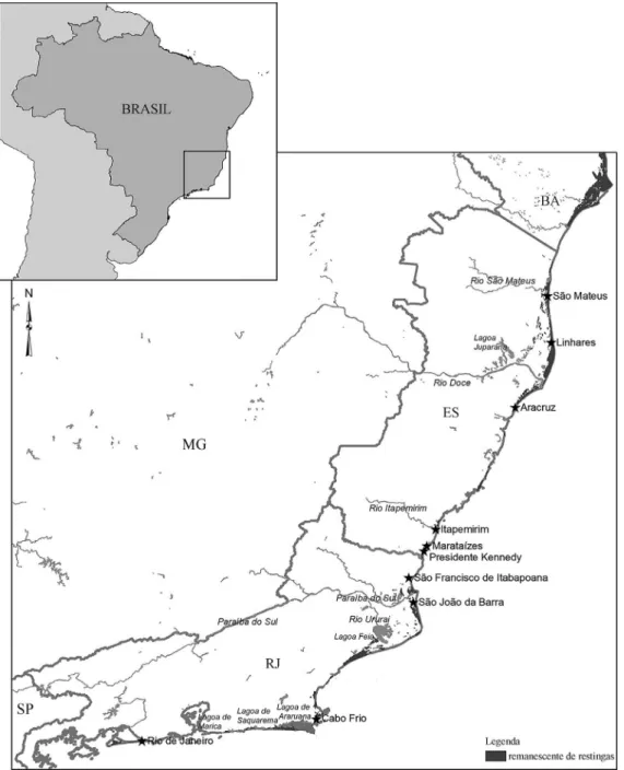 Figure 1 - Geographical locations (*) of the municipalities in the states of Espírito Santo (ES) and Rio de Janeiro (RJ) where A