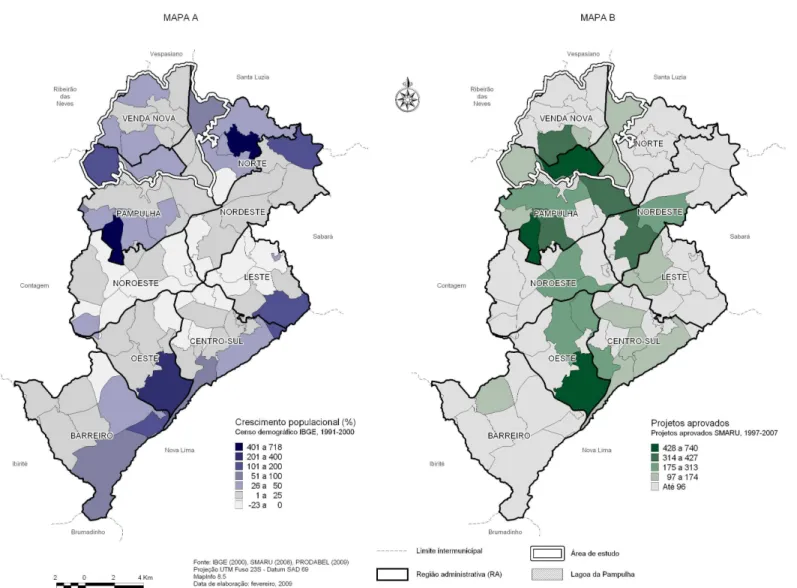 FIGURA 04 - Mapa A: Crescimento populacional por Unidade de Planejamento e Mapa B: Projetos com aprovação inicial por Unidade de  Planejamento 