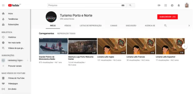 Figura 9: Youtube do Turismo do Porto e Norte de Portugal 
