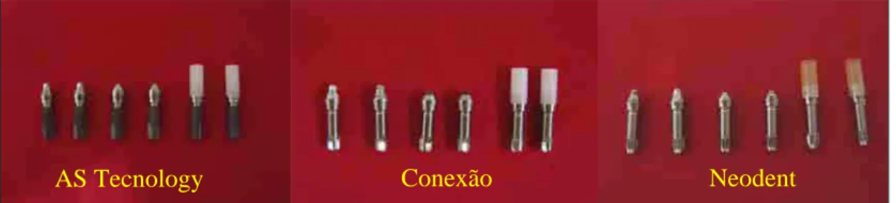 FIGURA 1 -   Da  esquerda  para  a  direita:  implantes das marcas AS Tecnology (Titanium fix),  Conexão, Neodent 